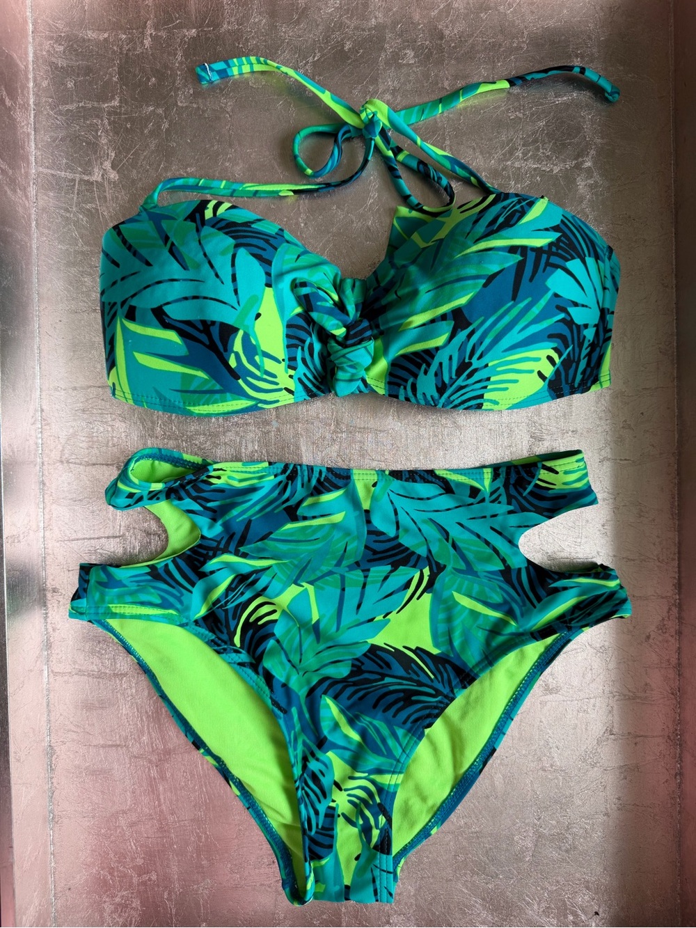 Xhilaration Green & Teal Tropical Leaf Bikini Set